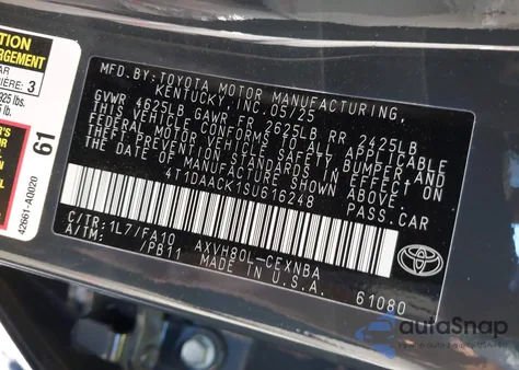 2025 Toyota Camry Le from USA, damaged, VIN 4T1DAACK1SU616248